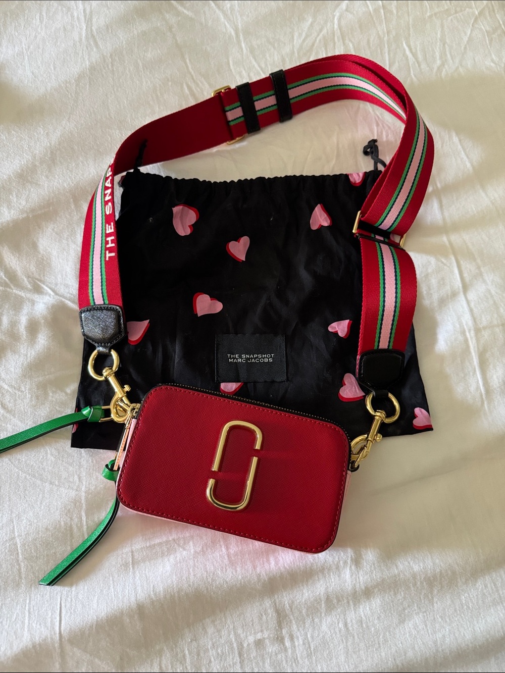 Marc Jacobs Red Leather Snapshot Crossbody with Green Accents.